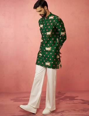 Green digital print kurta with cream satin palazzo - animal floral 4