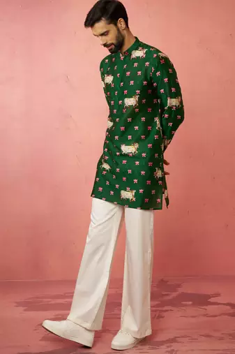 Green digital print kurta with cream satin palazzo - animal floral