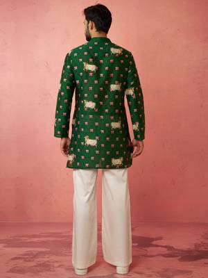 Green digital print kurta with cream satin palazzo - animal floral 5