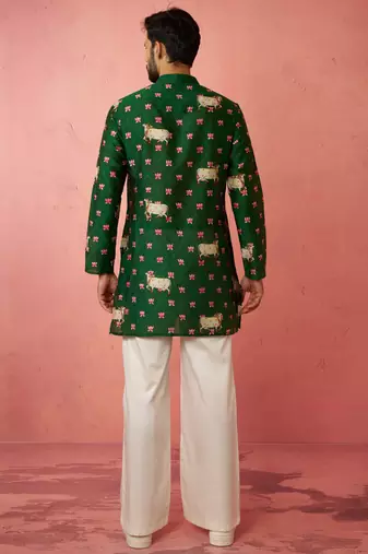 Green digital print kurta with cream satin palazzo - animal floral