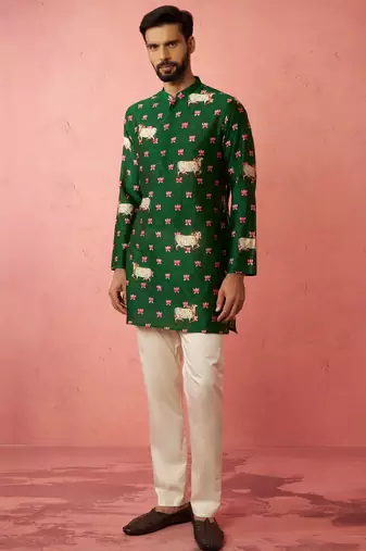 Green digital print kurta with cotton pyjama - animal floral set