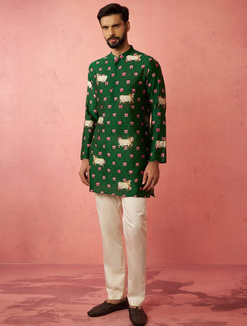 Green digital print kurta with cotton pyjama - animal floral set