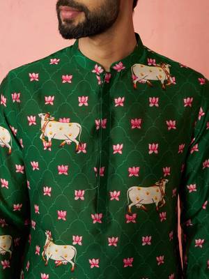 Green digital print kurta with cotton pyjama - animal floral set 2