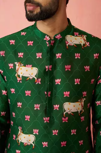 Green digital print kurta with cotton pyjama - animal floral set