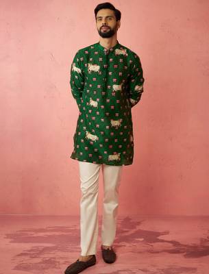 Green digital print kurta with cotton pyjama - animal floral set 3