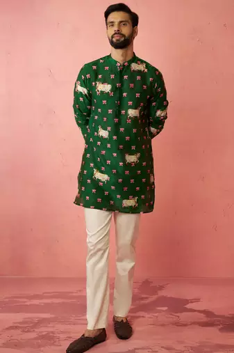 Green digital print kurta with cotton pyjama - animal floral set