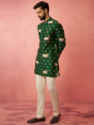 Green digital print kurta with cotton pyjama - animal floral set 4