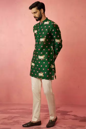 Green digital print kurta with cotton pyjama - animal floral set