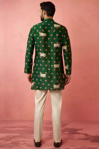 Green digital print kurta with cotton pyjama - animal floral set