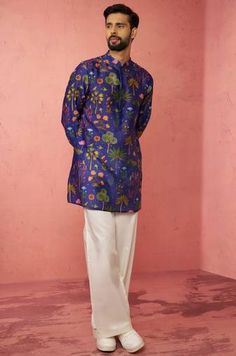 Blue digital print kurta with cream satin palazzo - wedding set