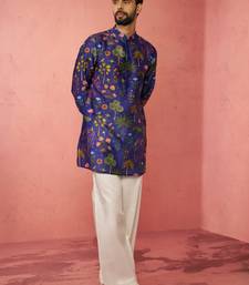 Blue digital print kurta with cream satin palazzo - wedding set