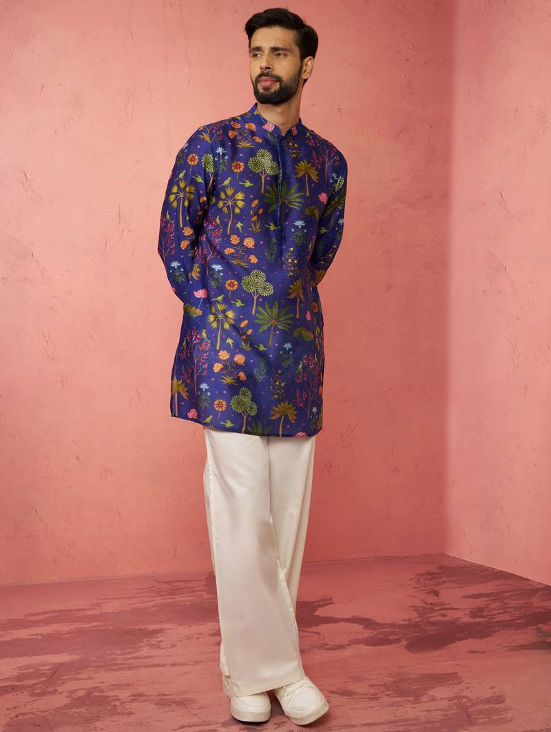 Blue digital print kurta with cream satin palazzo - wedding set