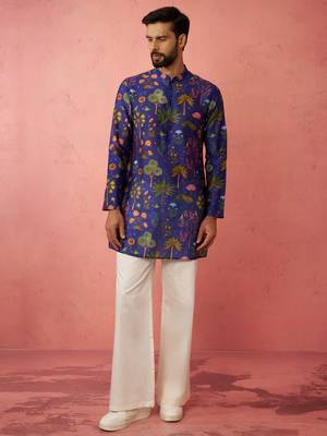 Blue digital print kurta with cream satin palazzo - wedding set 3