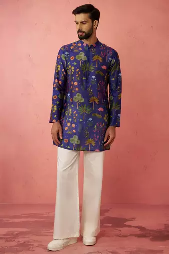 Blue digital print kurta with cream satin palazzo - wedding set