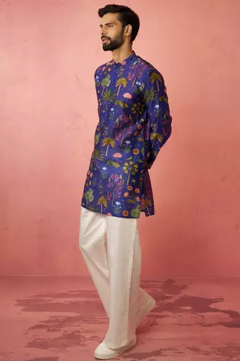 Blue digital print kurta with cream satin palazzo - wedding set
