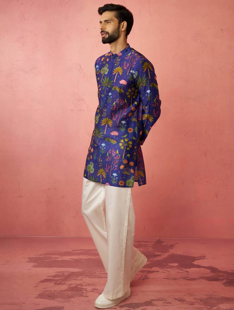 Blue digital print kurta with cream satin palazzo - wedding set