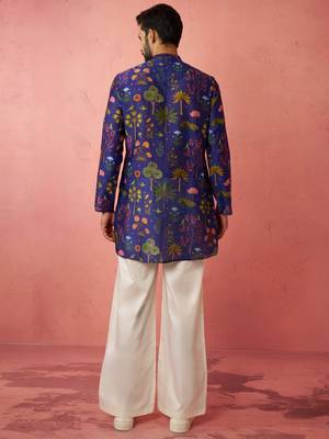 Blue digital print kurta with cream satin palazzo - wedding set 5