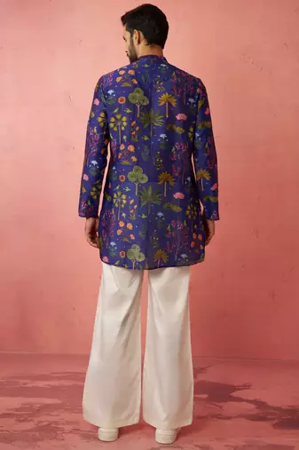 Blue digital print kurta with cream satin palazzo - wedding set