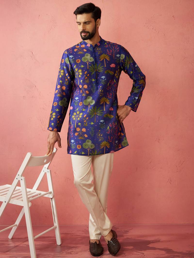 Blue digital print kurta with cotton lycra pyjama set