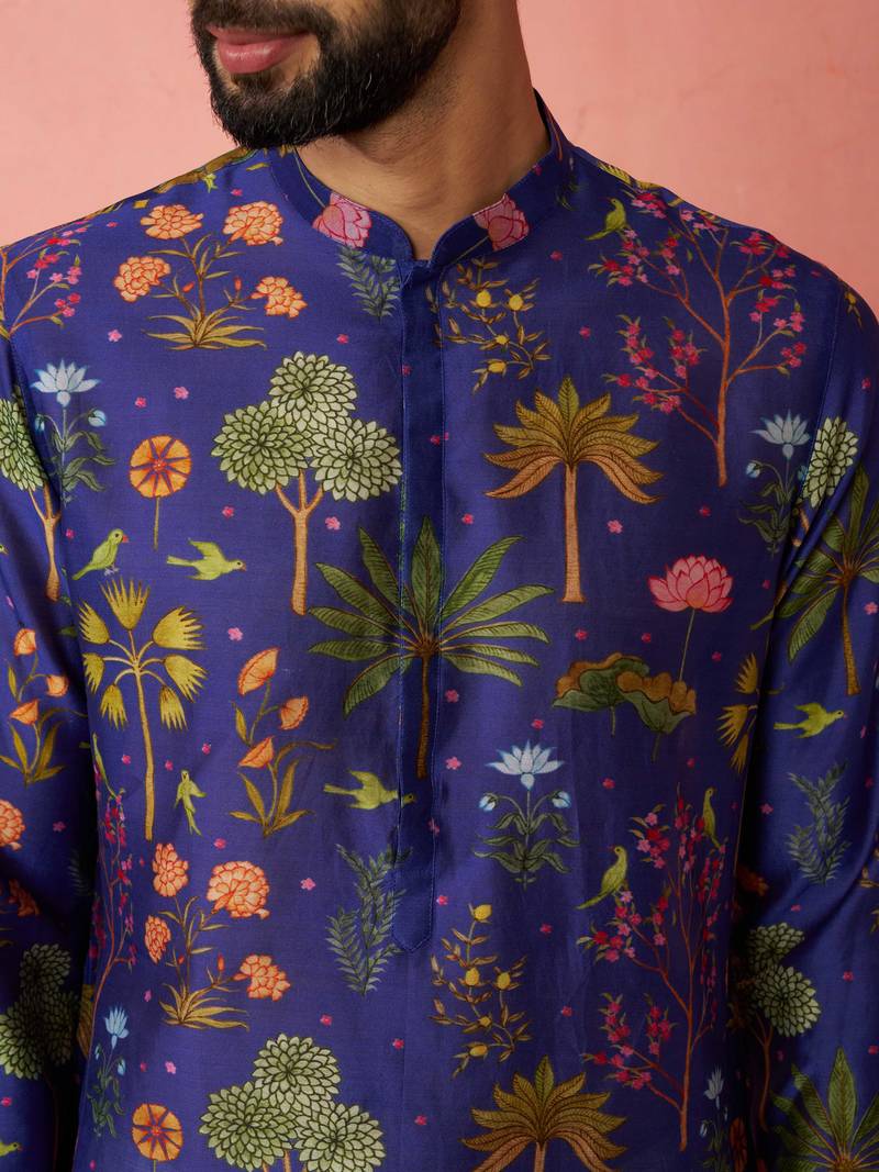 Blue digital print kurta with cotton lycra pyjama set