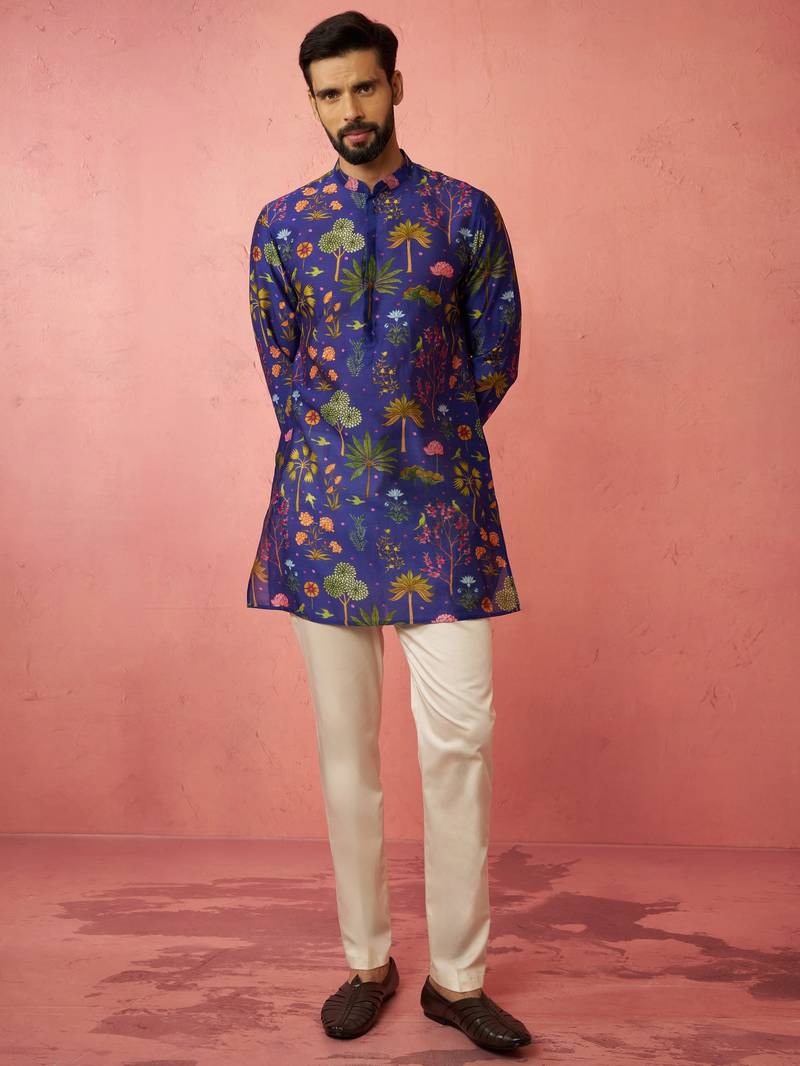 Blue digital print kurta with cotton lycra pyjama set