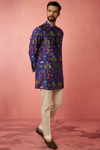 Blue digital print kurta with cotton lycra pyjama set