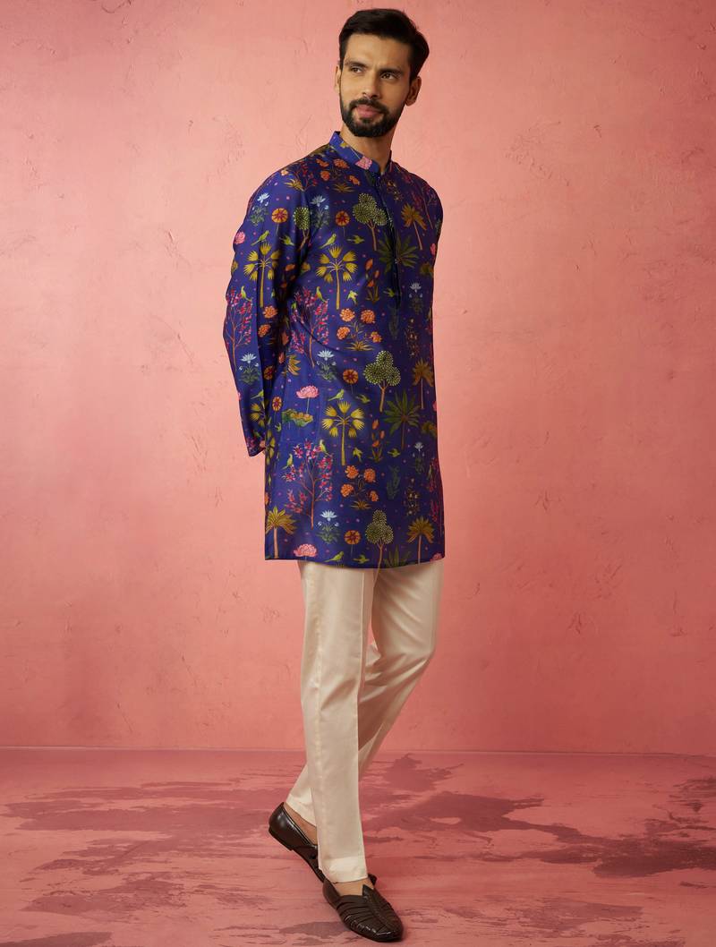Blue digital print kurta with cotton lycra pyjama set