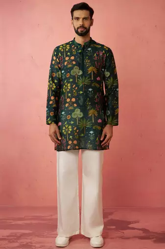 Bottle green digital print kurta with cream satin palazzo set