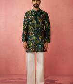 Bottle green digital print kurta with cream satin palazzo set