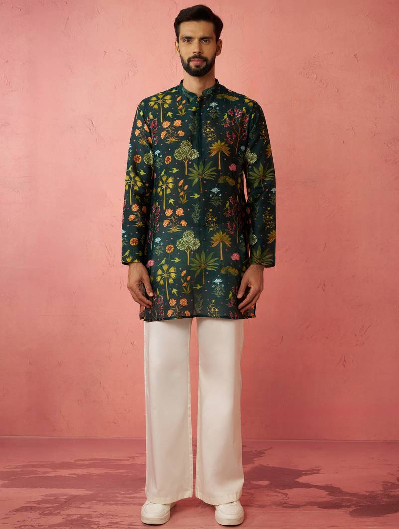 Bottle green digital print kurta with cream satin palazzo set