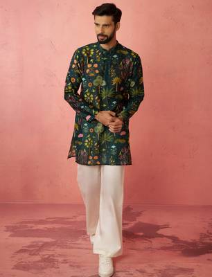 Bottle green digital print kurta with cream satin palazzo set 2