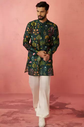 Bottle green digital print kurta with cream satin palazzo set