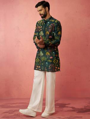 Bottle green digital print kurta with cream satin palazzo set 3