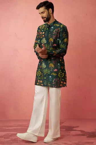 Bottle green digital print kurta with cream satin palazzo set