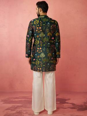 Bottle green digital print kurta with cream satin palazzo set 4