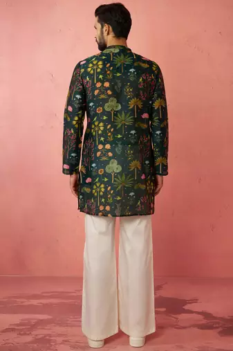 Bottle green digital print kurta with cream satin palazzo set