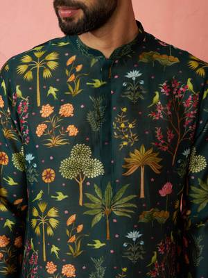 Bottle green digital print kurta with cream satin palazzo set 5
