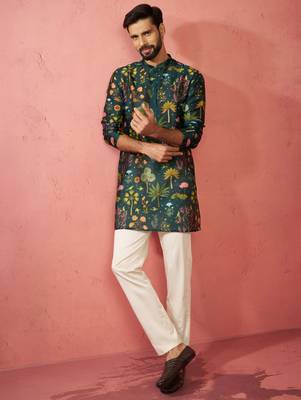 Bottle green digital print kurta with cotton pyjama set 1