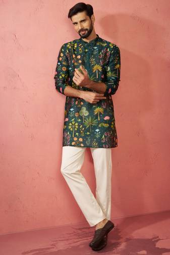 Bottle green digital print kurta with cotton pyjama set