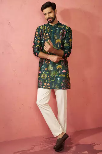Bottle green digital print kurta with cotton pyjama set