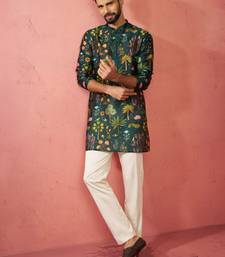 Bottle green digital print kurta with cotton pyjama set