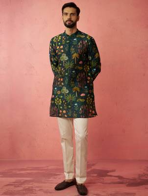 Bottle green digital print kurta with cotton pyjama set 3