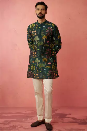 Bottle green digital print kurta with cotton pyjama set