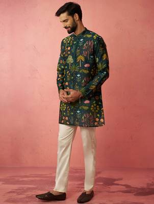 Bottle green digital print kurta with cotton pyjama set 4