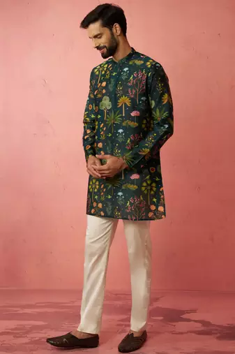 Bottle green digital print kurta with cotton pyjama set