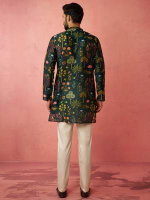 Bottle green digital print kurta with cotton pyjama set 5