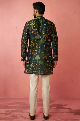 Bottle green digital print kurta with cotton pyjama set