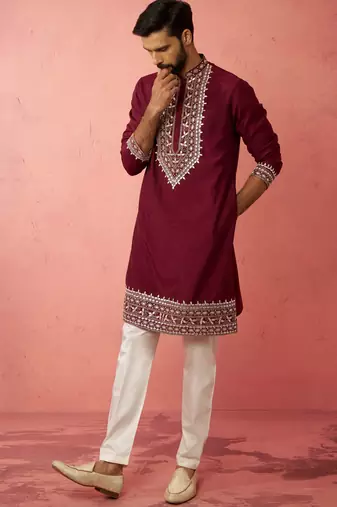 Wine chanderi kurta set with cream pyjama - premium wedding collection