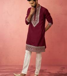 Wine chanderi kurta set with cream pyjama - premium wedding collection
