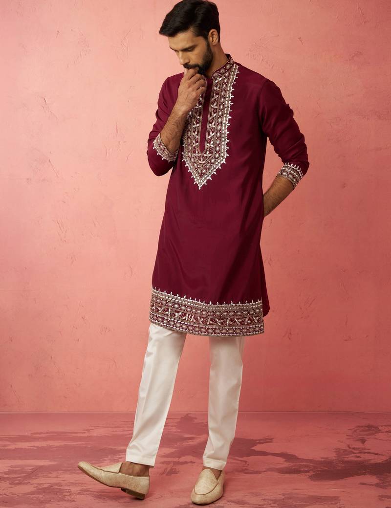 Wine chanderi kurta set with cream pyjama - premium wedding collection